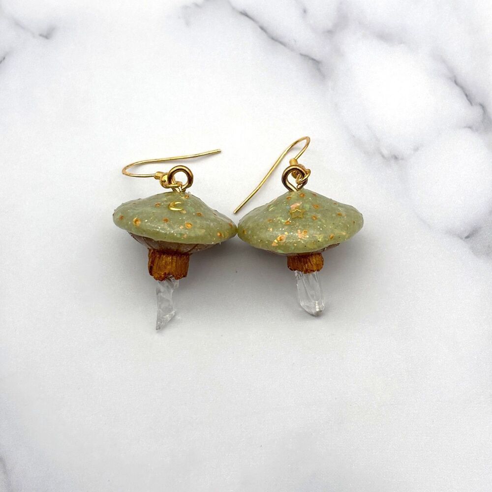 Green Mushroom Quartz Crystal Earrings | Polymer Clay Dangle with Moon and Star - Picture 9 of 10